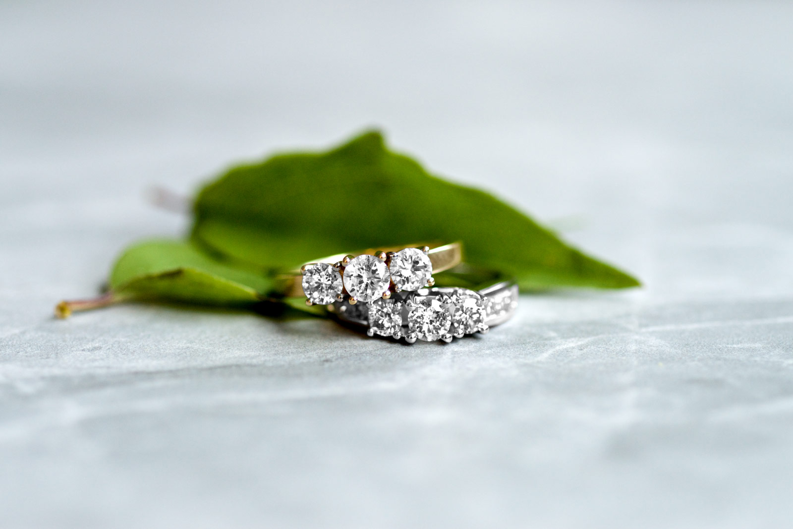 Engagement ring photography with green leaf edited